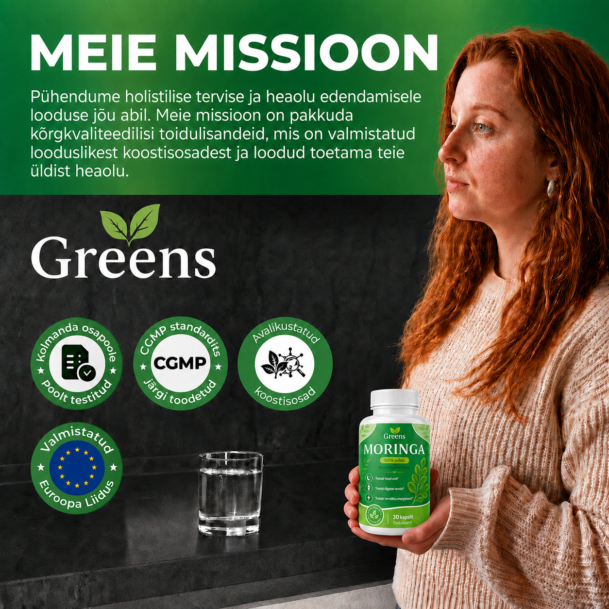 Greens Moringa 90+ toitainet keha toetamiseks ja efektiivseks töötamiseks ühest imetaimest