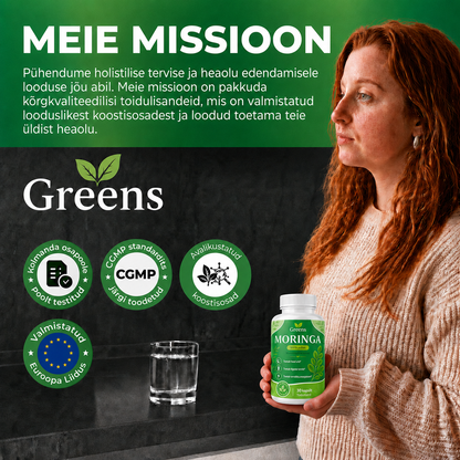 Greens Moringa 90+ toitainet keha toetamiseks ja efektiivseks töötamiseks ühest imetaimest