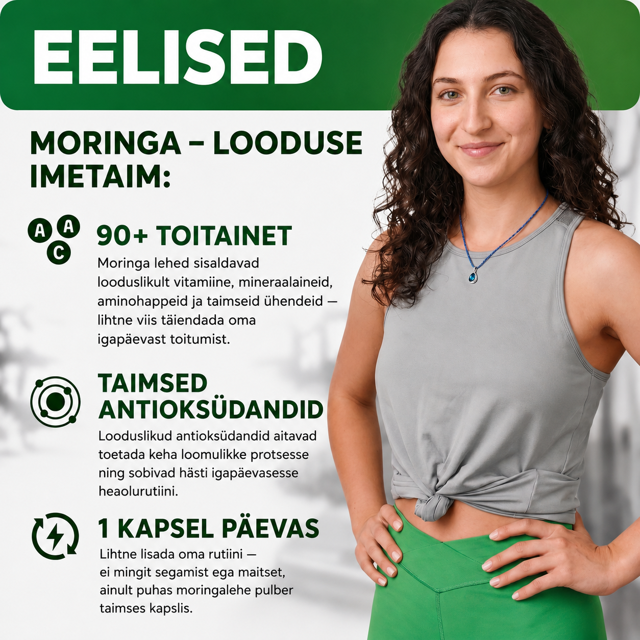 Greens Moringa 90+ toitainet keha toetamiseks ja efektiivseks töötamiseks ühest imetaimest