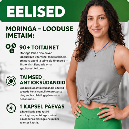 Greens Moringa 90+ toitainet keha toetamiseks ja efektiivseks töötamiseks ühest imetaimest
