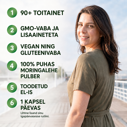 Greens Moringa 90+ toitainet keha toetamiseks ja efektiivseks töötamiseks ühest imetaimest