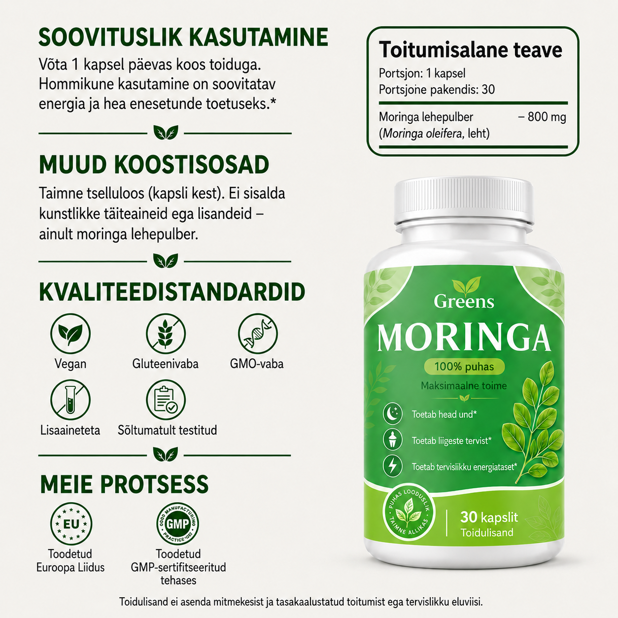 Greens Moringa 90+ toitainet keha toetamiseks ja efektiivseks töötamiseks ühest imetaimest